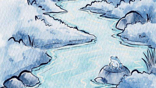 Watercolor of a winding blue creek between stony banks, with a small frog on a rock in the foreground